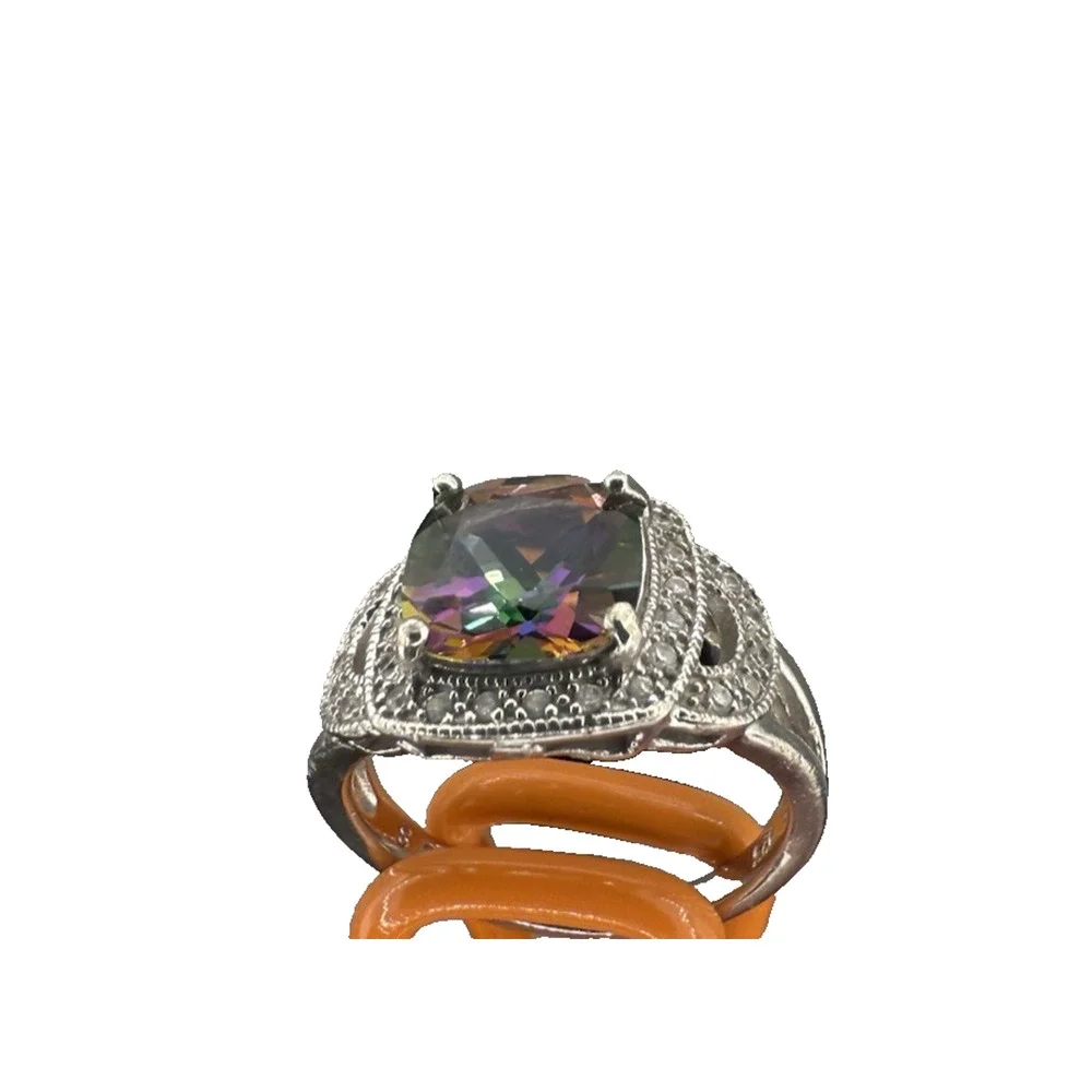 Mystic Topaz Halo Ring Sterling Silver Cushion 9mm Split Shank Sz 8